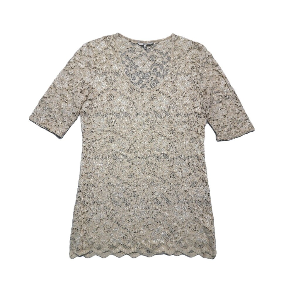 BKE Floral Sheer Lace Top Womens XL Stretch Cream 3/4 Sleeves Blouse
